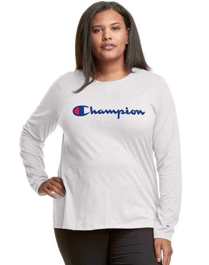 Camiseta Champion Mujer - Plus Classic Long-Sleeve Script Logo ( Blancas ) 6720945-XW